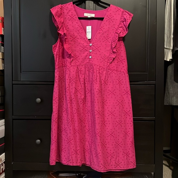 NWT LOFT Eyelet Button Ruffle Swing Dress - Picture 1 of 7